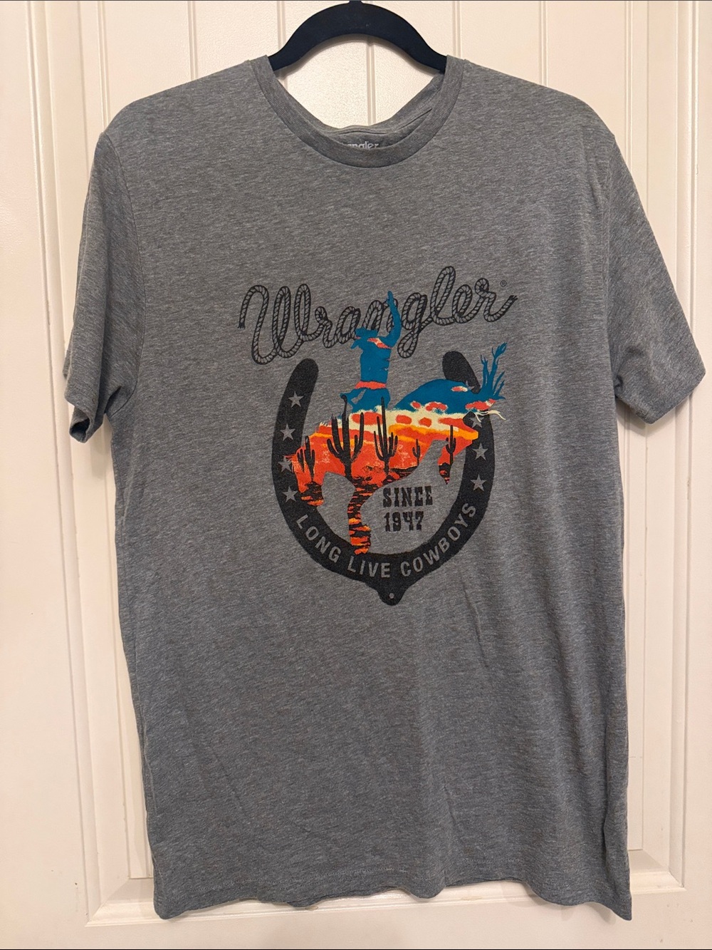 Wrangler Gray Short Sleeve Tee with Colorful Cowboy Bucking Horse Graphic